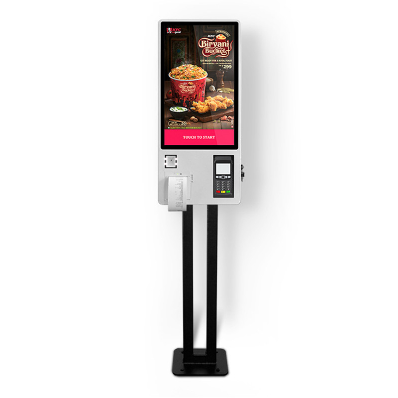 touchscreen van het het restaurantmenu van de rijbank het hotelself - service die de kiosk tot dienst met de houder van de kaartlezer opdracht geven